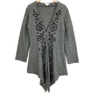 WHITEWASH 100% Wool Embroidered Cardigan Sz L Gray Navy One Button Sweater L/S